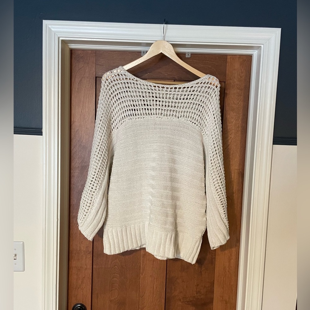 Moth Cream Open-Knit Crewneck Sweater